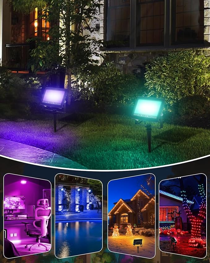 T-SUN Christmas LED Flood Light, 30W RGBCW Dimmable Outdoor Smart Lights, Color Changing LED Light with Remote & APP Control Waterproof Up Lights, Music Sync Stage Spot Light for House, Party (4 Pack) T-SUN