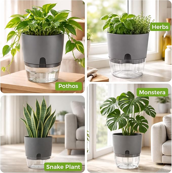 Planterhoma 5 Pack Self Watering Pots for Indoor Plants, 9 Inch Plant Pot Plastic Self Watering Planter for Orchid, Monstera, Lily, Large Clear Flower Pots with Drainage Holes and Wicking Rope, Gray Planterhoma