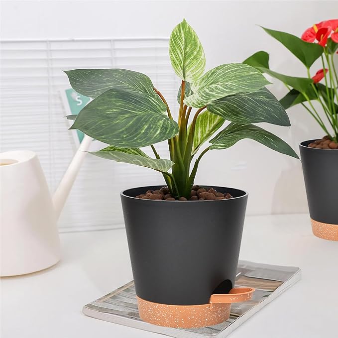 Planters for Indoor Plants 7/6.5/6/5.5/5 Inch, Self Watering Flower Pots with Drainage Holes and Saucers 5 Pack Plastic Pots for Plants, Succulents, Herbs, Cactus, Flower, Black Vanslogreen