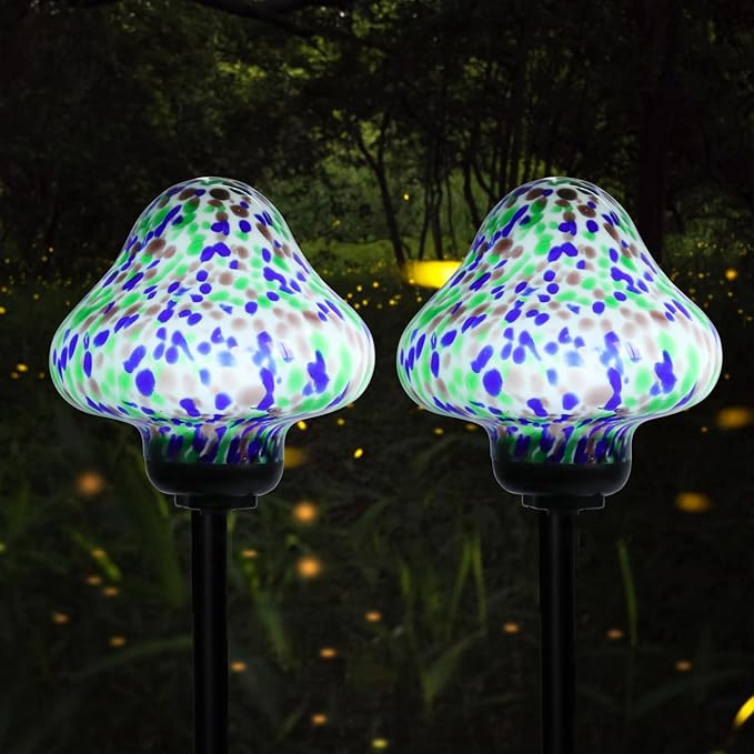 Solar Outdoor Lights Decorative Solar Glass Mushroom Lights Waterproof LED Waterproof Garden Stake Light for Walkway Pathway Lawn Patio Yard Decorations 2 Pack Multi Afirst