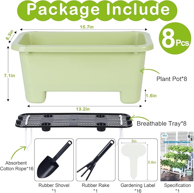 Self-Watering Rectangle Planter Boxes 8-Pack, 15.7-Inch Window Box Planter with Drainage Holes & Trays, Pots for Vegetables, Herbs, Flowers, Garden Windowsill Balcony (Light Green) Oliz