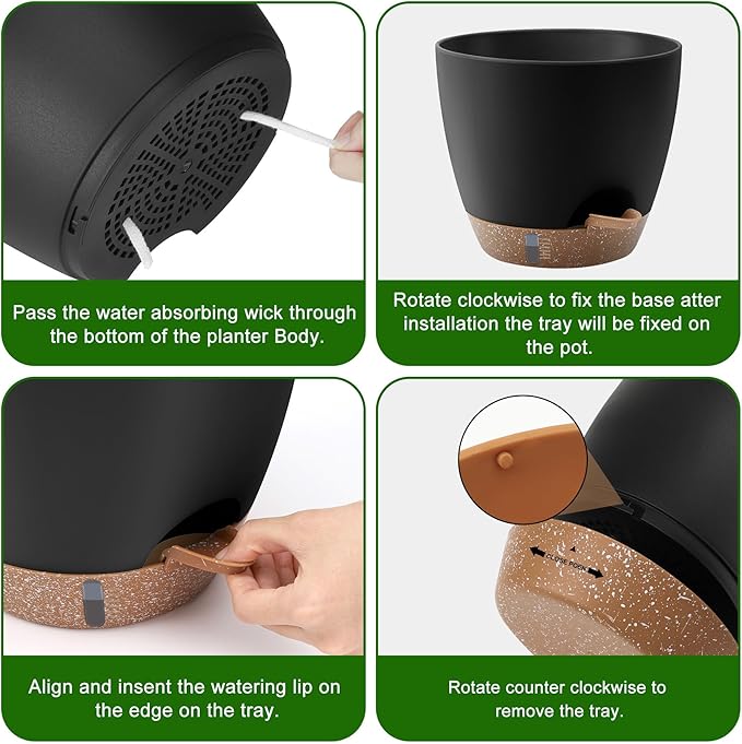 Self-Watering Plant Pots with Water Level Indicator, Drainage Holes & Saucers โ 12/10/9 Inch Large Plastic Planter Set for Indoor & Outdoor Plants(Black) QRRICA