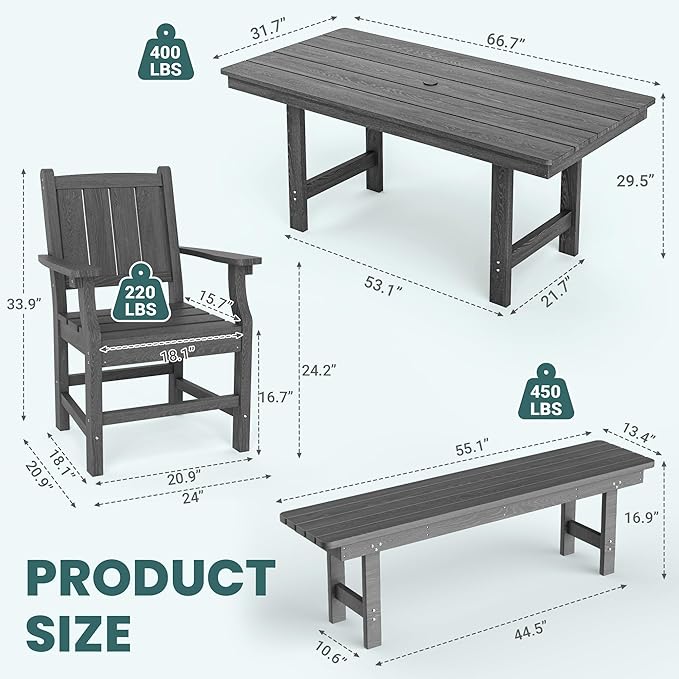 Pamapic 5 PCS Outdoor Dining Set, Spacious HDPE Outdoor Table and Chairs with 2 Bench, Wood Grain Patio Furniture Sets with Elegant Armrest, All-Weather Outdoor Furniture with Umbrella Hole, Gray Pamapic