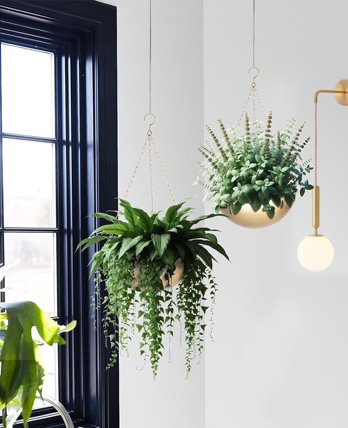 AceList 2 Pack Gold Hanging Planter for Indoor Plants - 9.8 Inch Boho Metal Plant Hanger Indoor with Hooks, Hanging Plant Holder for Window and Ceiling AceList