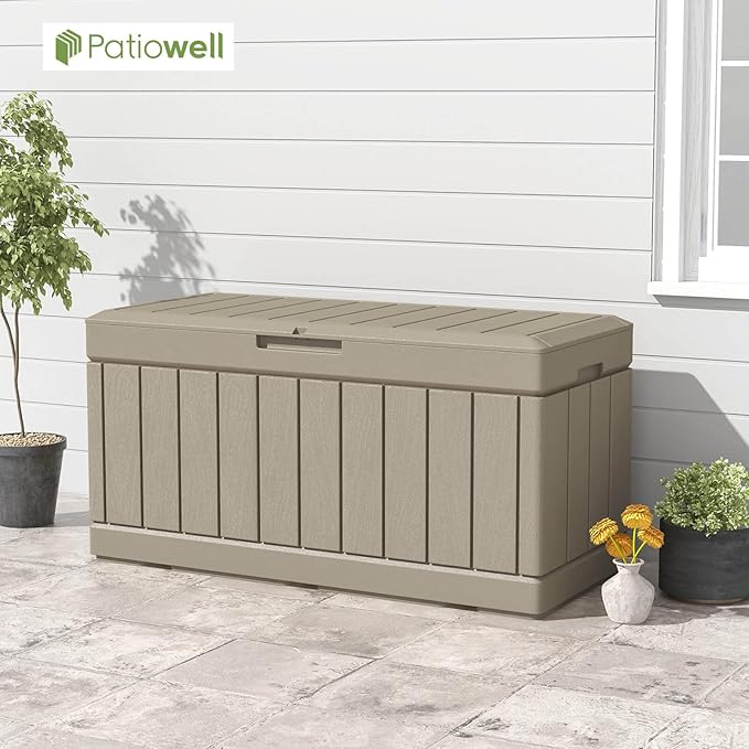 Patiowell 82 Gallon Resin Deck Box, Waterproof Large Wood Look Storage Box for Patio Furniture, Pool Accessories, Garden Tools and Sports Equipment, Lockable, Light Brown Patiowell