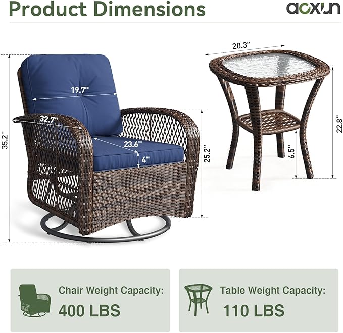 Aoxun 3 Pieces Patio Furniture Set, Patio Swivel Rocker Chairs Set of 2, Wicker Outdoor Bistro Set with Rocking Chair, Thickened Cushions and Table for Porch (Blue) Aoxun