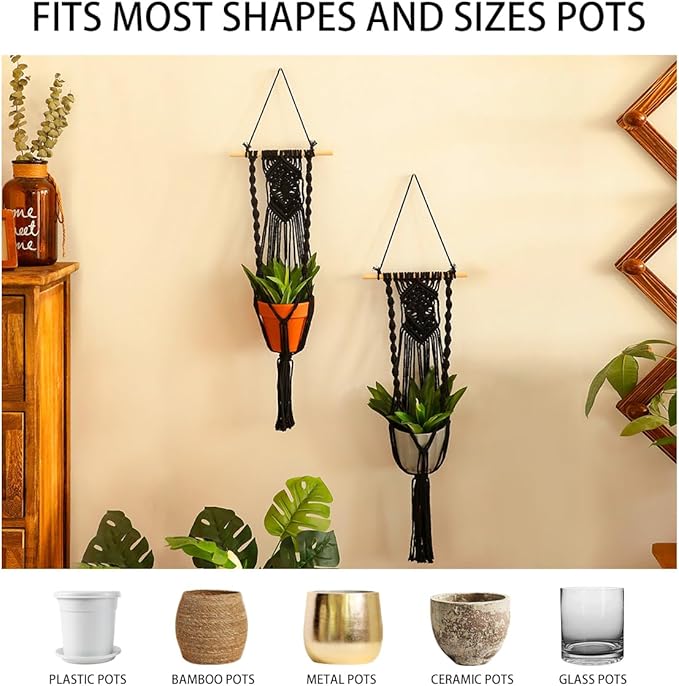 Artilady Black Plant Hanger Macrame Hanging Planter for Indoor Boho Plants Holder with Hooks Hanging Plant Basket Outdoor Window Wall Plants Home Decor (Black Wood Hanger-2pcs) Artilady