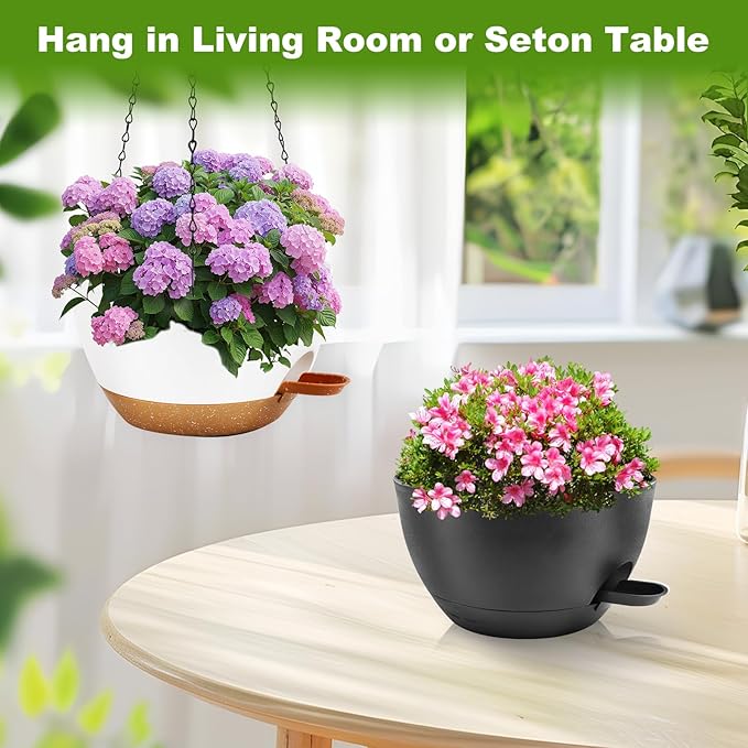 10 inch Hanging Planters for Indoor Plants, 3 Pack Self-Watering Hanging Planter Pots with Chain and Drainage Holes, Outdoor Plastic Hanging Baskets for Garden Home Decor Rootora