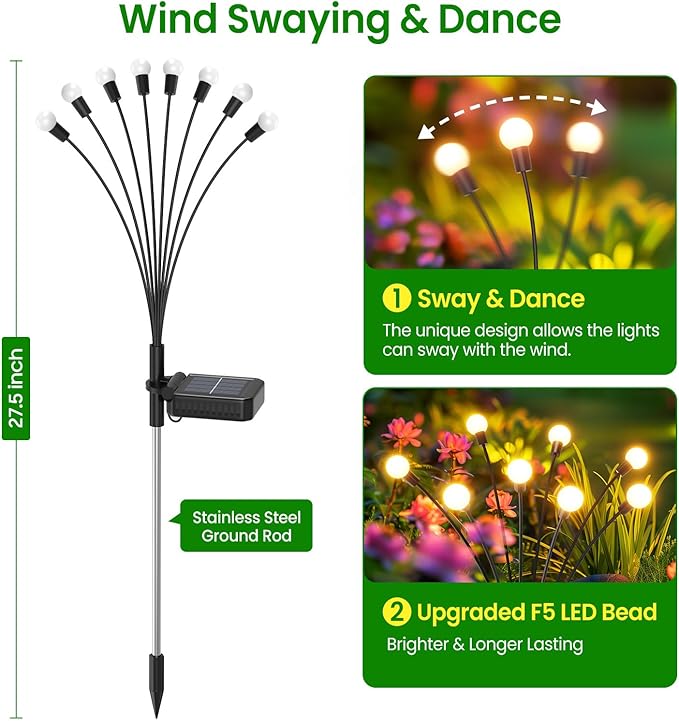 LETMY Solar Lights Outdoor, 4 Pack 32 LED Swaying Solar Garden Lights, Firefly Light for Outdoor Decorations, Garden Decor with Big Bulb & Larger Panel, Unique Gifts for Women, Gifts for Grandma Letmy
