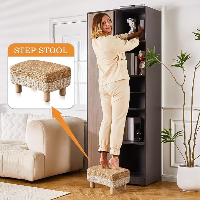 Wimarsbon Natural Seagrass Footstool Ottoman Rectangular Footrest Pouf Ottomans with Wooden Legs Hand Weave Step Stool for Living Room Bedroom Entryway White Wimarsbon