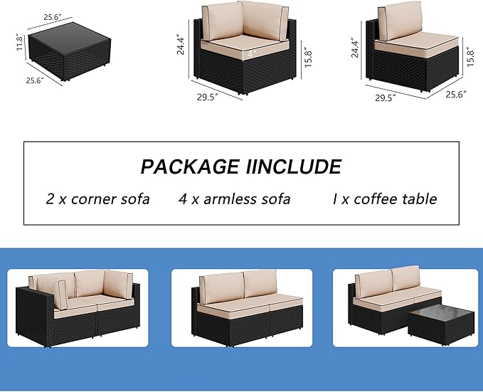 Shintenchi 7 Pieces Outdoor Patio Sectional Sofa Couch, Wicker Furniture Conversation Sets with Washable Cushions & Glass Coffee Table for Garden, Poolside, Backyard (Khaki) Shintenchi