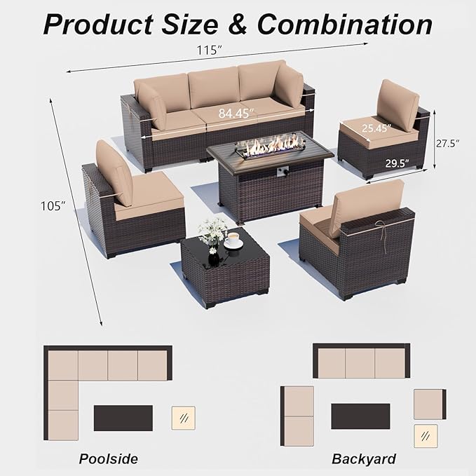 ALAULM Patio Furniture Set with Fire Pit Table 55000 BTU, Outdoor Sectional with Wide Seat and Thick Cushion, 8 Piece Wicker Rattan Conversation Set with Coffee Table for Garden, Deck, Sand ALAULM