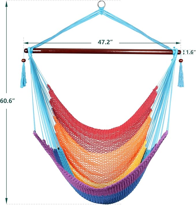 Caribbean Hammock Swing Chair with Spreader Bar, Large Hammock Chair, Hand Craft Rope Hanging Chair Outdoor, Indoor, Bedroom, 330 LBS Weight Capacity, Rainbow Bathonly