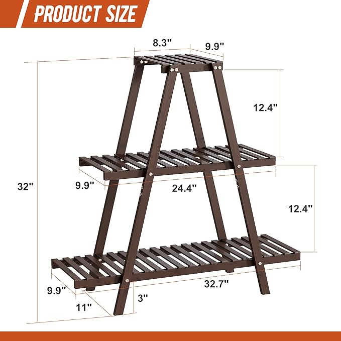 GHWIE Plant Stand Indoor Plant Shelf Outdoor bamboo Plant Rack, 3 Tiers Ladder Plant Holder Flower Stand for Living Room Balcony Garden Patio,Living Room Boho Home Decor for Gardening Gifts (Brown) GHWIE