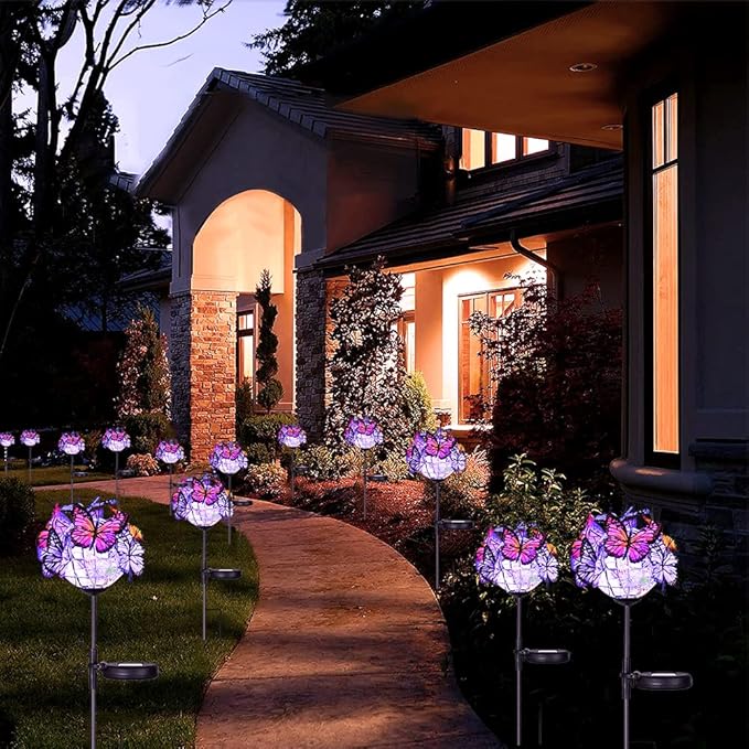 Outdoor Solar Lights 2 Pack, Solar Garden Lights with 18 Butterflies Decoration Outdoor Lamps, Waterproof Butterfly Flower Lights for Patio Yard Lawn Garden Decor, Gifts for Mom Women Weepong