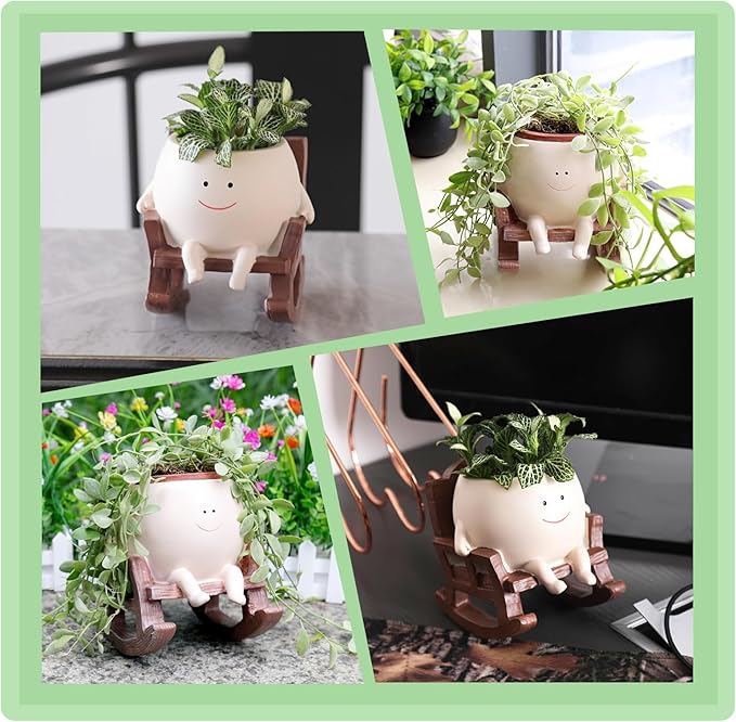 Smiley Face Rocking Chair Planters Flower Pots for Plants Funny Succulents Plant Live Cute Resin Head Planter for Indoor Outdoor Plants Gift Ideas for Mother and Christmas (Large) CamotankOriginalDesignandCreation