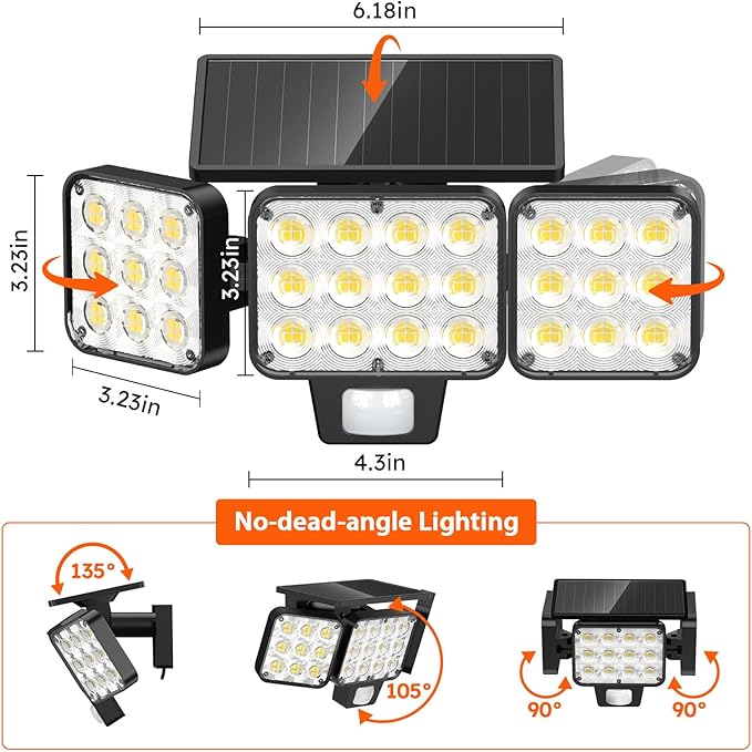 WdtPro Solar Lights Outdoor Waterproof 1 Pack, 3500LM Super Bright Motion Sensor Solar Powered LED Flood Lights, Upgrade Glass Panel, Solar Security Light Spotlights for Outside Yard WdtPro