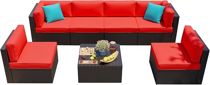 Shintenchi 7 Pieces Patio Furniture Sets Outdoor All-Weather Sectional Patio Sofa Set PE Rattan Manual Weaving Wicker Patio Conversation Set with Glass Table&Ottoman Cushion and Red Pillows, Red Shintenchi