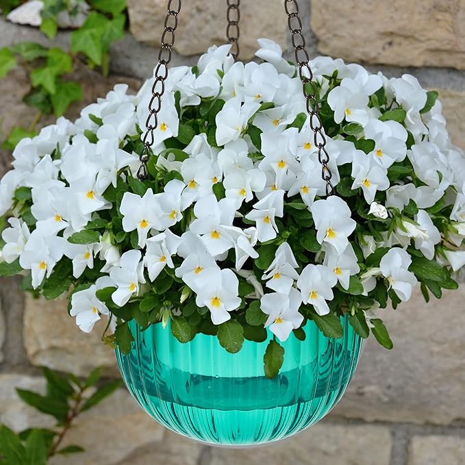 Meanplan 4 Pcs Self Watering Hanging Planter Indoor 6.5 Inch Hanging Baskets for Plants Outdoor Plastic Flower Pot with 3 Hooks Chains Drainage Holes for Garden Home, Medium Size(Emerald) Meanplan