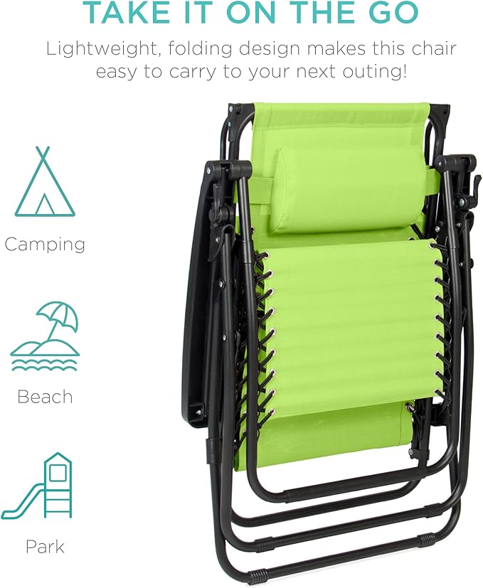 Best Choice Products Folding Zero Gravity Outdoor Recliner Patio Lounge Chair w/Adjustable Canopy Shade, Headrest, Side Accessory Tray, Textilene Mesh - Lime Green BestChoiceProducts