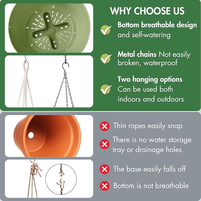 10 Inch Hanging Planters for Indoor Plants,Set of 2 Hanging Pots for Plants with Self-Watering, Outdoor Hanging Plant Pot with Drainage and 2 Kinds of Hanging Baskets Hangers for Home Decor and Garden TIMOSUKI