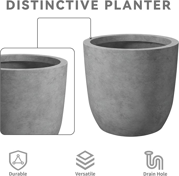 Kante 13.4" Dia Round Concrete Planter, Large Outdoor Modern Indoor Decorative Plant Pots with Drainage Hole and Rubber Plug for Home and Garden, Natural Concrete Kante