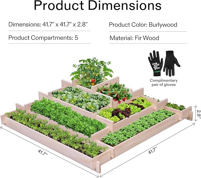 VIVOSUN 5-Tier Wooden Raised Garden Bed, 42 x 42 x 14 Inches, Outdoor Wood Planter Box with Gloves and Liner for Garden, Patio, Balcony, Backyard and Outdoors VIVOSUN