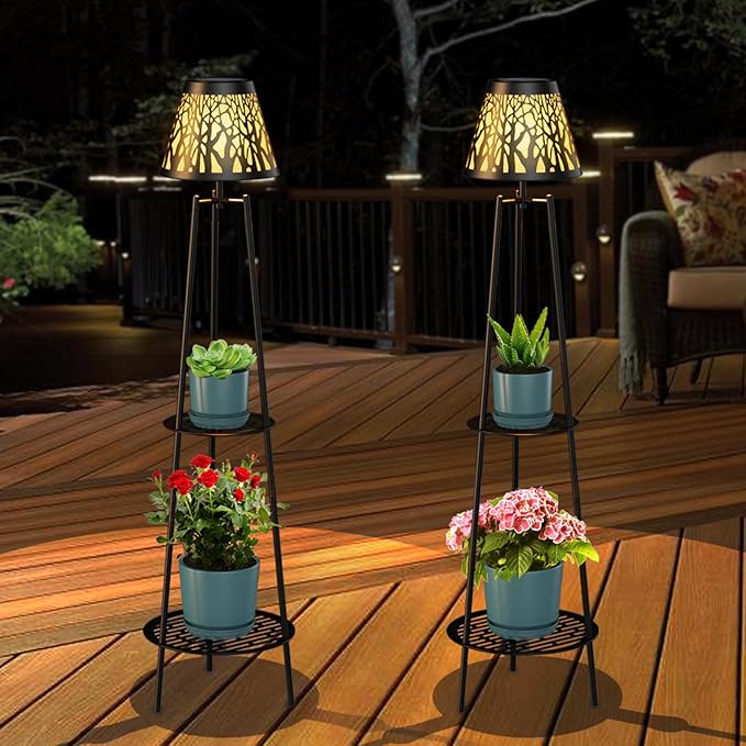 2 Pack 45.5'' Outdoor Floor Lamps with 2 Tier Plant Stand, Solar Powered Metal Waterproof Lights for Patio Deck Yard Garden Porch Decor VISFLAIR