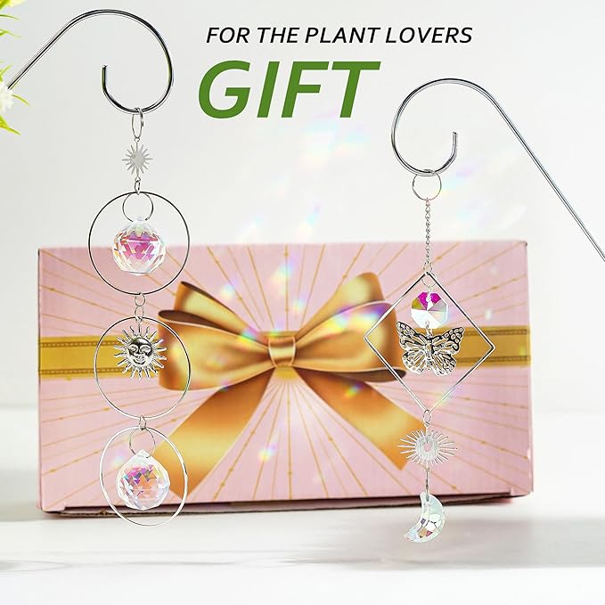 HDCRYSTALGIFTS 4 Pack Crystal Sun Catchers with 13.5'' Small Trellis for Potted Plants Indoor Plant Stake Suncatcher Decoration for Home Window Garden, Sliver HDCRYSTALGIFTS