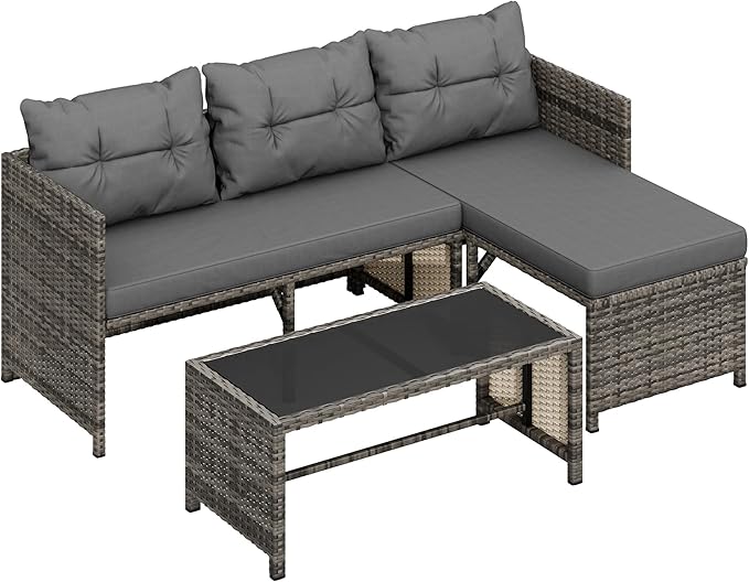 Shintenchi 3-Piece Outdoor Patio Furniture Sets, Wicker Patio Conversation Sets, All Weather Wicker Rattan Patio Seating Sofas with Glass Coffee Table and Cushion, Gray Shintenchi