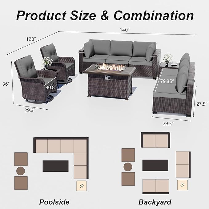 ALAULM Patio Furniture Set with 2 Swivel Chairs, Outdoor Sectional with 55000 BTU Fire Pit Table and Wide Seat, 11 Pieces Wicker Rattan Conversation Set with Coffee Table for Garden, Deck, Grey ALAULM