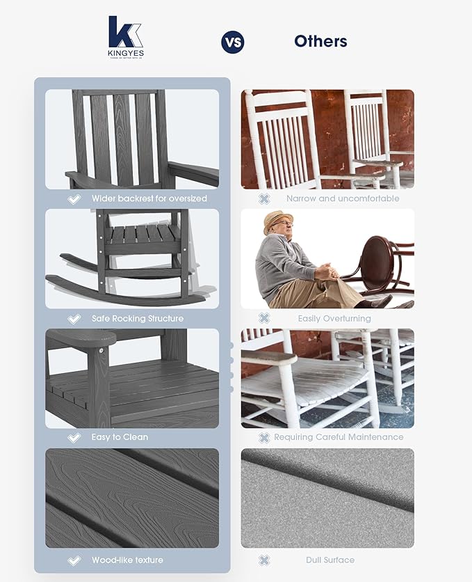 KINGYES Oversized Outdoor Rocking Chair Set of 2, All-Weather Patio Rocking Chairs for Porch, HDPE Outdoor Patio Rockers with High Back & Wide Seat for Garden, Lawn, Gray KINGYES