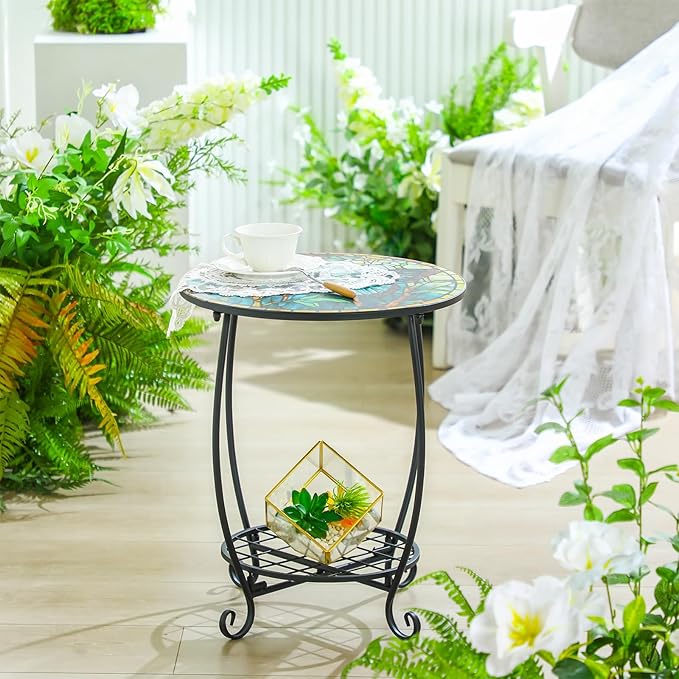 Outdoor Side Table Round Small Mosaic Patio Accent Indoor End Plant Coffee Tea Table for Yard Patio Porch Garden Living Room, Bedroom(Butterfly Style,12 Inch) Cinnvoice