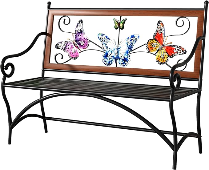 39.7" Outdoor Bench, Garden Bench, Patio Bench with Armrest, Slatted Seat and Butterfly Pattern Backrest for Outside, Front Porch, Park, Lawn, Backyard and Balcony, Cast Iron Metal Frame, Black KINGBO