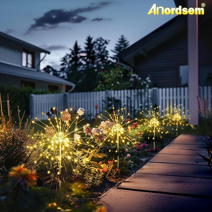 Anordsem Solar Fireworks Lights Outdoor: 4 Bendable Copper Wire 120 LEDs String Lighting - Waterproof DIY Warm Decoration for Yard Garden Proch - Gardening Gifts for Garden Lovers Anordsem