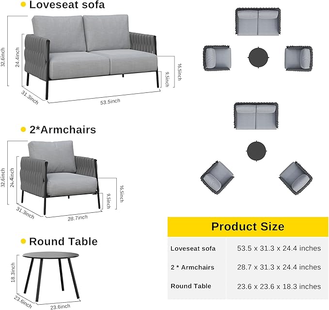 EAST OAK Life Chatter 4 Pieces Patio Furniture Set, Outdoor Furniture with Coffee Table, Patio Conversation Set Deep Seating with Thick Cushion, Backyard Porch Balcony, Earth Black & Misty Grey EASTOAK