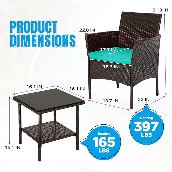FDW | 3-Piece Patio Furniture Set | Brown & Blue | Outdoor Wicker Furniture with Coffee Table | Modern Rattan Chairs Conversation Set | Outdoor Seating | Weather-Resistant | for Porch, Garden, Lawn FDW