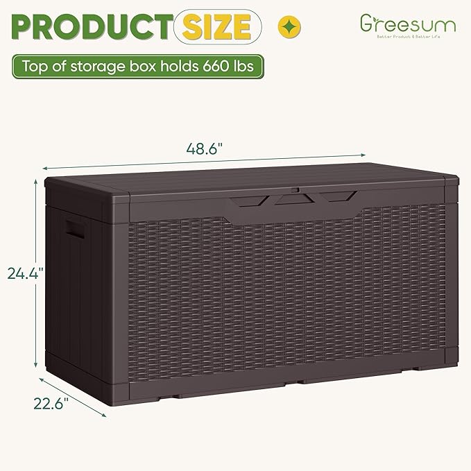 Greesum Outdoor Storage Box 100 Gallon Storage Bin with Lid for Patio Furniture, Garden Tools, Pool Supplies, Lockable, Waterproof and UV Resistant, Dark Brown BuynowfromGreesum