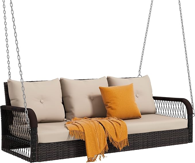 DWVO 3 Seats Porch Swing Hanging Bench Swing Outdoor Wicker Patio Swing Lounge Front Rattan 794lbs for Garden, Balcony, Brown&Beige DWVO