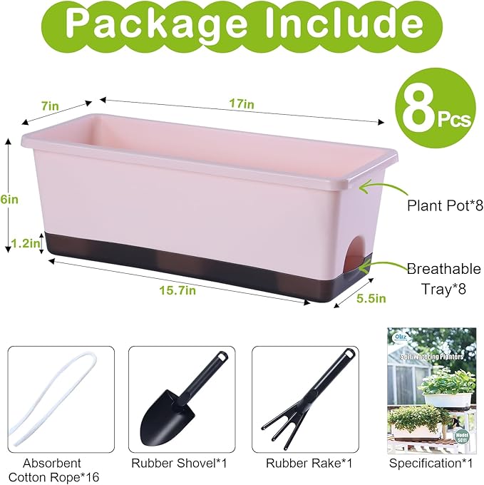 Window Box Planter 8 Pcs, 17 Inches Rectangle Flower Pots with Drainage Holes & Trays, Vegetable Planters for Windowsill Patio Garden Balcony Home Indoor Outdoor (Pink, 16 * 7 * 6 inch) Oliz