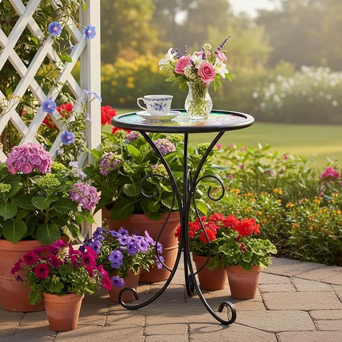 LIFFY Outdoor Side Table, 12" Glass Hummingbird Tabletop Patio Tables with Metal Frame, 21" Height Indoor Small Round Home Decorative Plant Stand Outside for Garden Patio Yard Porch LiffyArt
