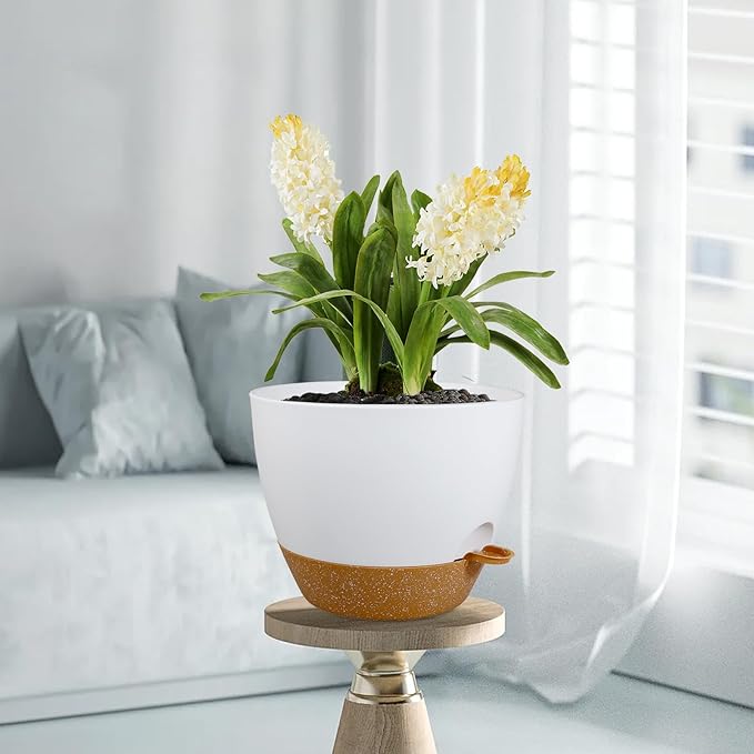 12 inch Large Self Watering Pots for Indoor Outdoor Plants, Plant Pots with Mesh Drainage Holes for Garden House Plants, Plastic Planters with Reservoir for Flower Plants, White with Brown Meowell