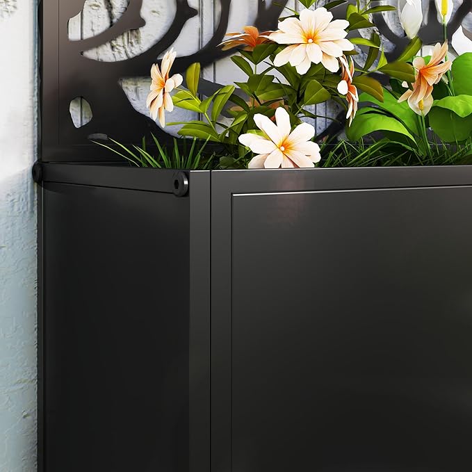 Outsunny Metal Raised Garden Bed with Trellis for Climbing Plants, Freestanding or Wall Mounted Flower Bed with Privacy Panel, Leaves Cut-Outs Outdoor Planter Box for Garden, Patio, Balcony Outsunny