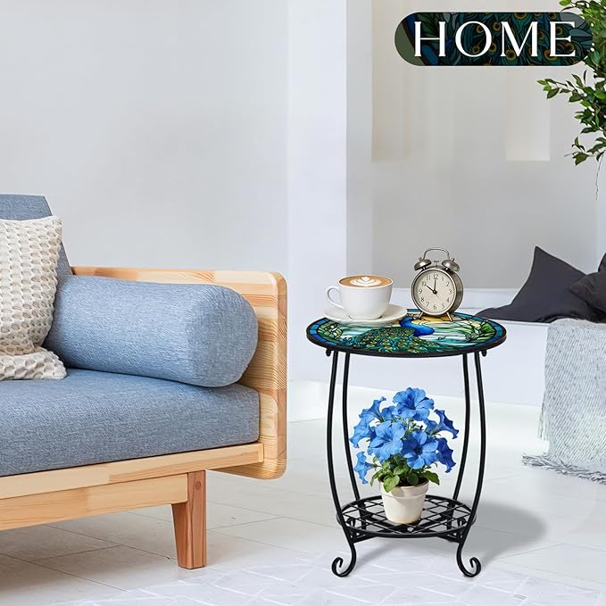Outdoor Side Table Round Small Mosaic Patio Accent Indoor End Plant Coffee Tea Table for Yard Patio Porch Garden Living Room, Bedroom(Peacock Style,18 Inch) Cinnvoice