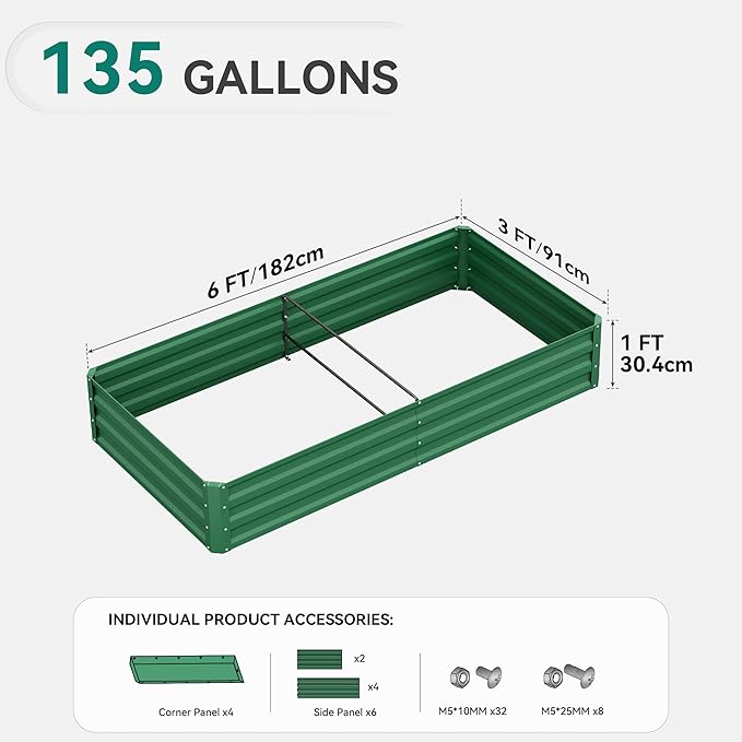 YITAHOME 72x36x12 in 2pcs Galvanized Raised Garden Bed Kit, Large Metal Planter Box with Gloves & Support Rod, Outdoor Flower Bed for Plants Vegetables, Green YITAHOME