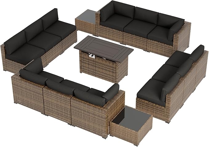 Aoxun Patio Furniture Sets, 15-Piece Outdoor Patio Furniture with 44'' Propane Gas Firepit Table, Wicker Outdoor Conversation Set Sectional Sofa for Backyard, Poolside, Garden Aoxun
