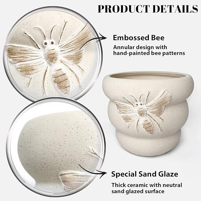 Terracotta Pots with Drainage Holes Bee Decor, Ceramic Pots for Indoor Plants Flower Pots Outdoor, Succulent, Herbs, Snake Plants (Beige, 8+6 Inch) YBXYIBOXUAN