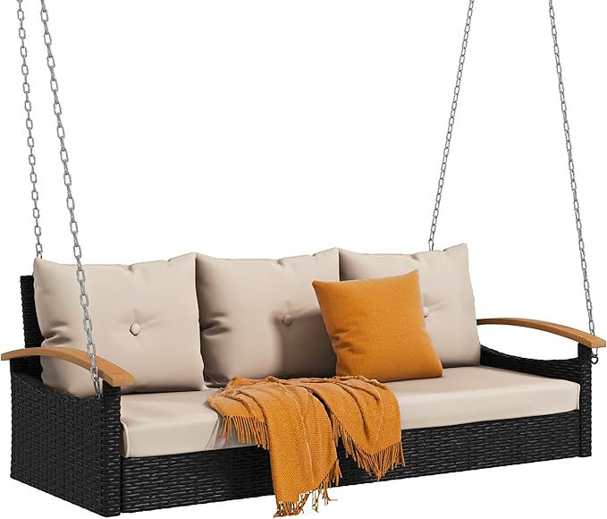 DWVO 3 Seats Porch Swing Hanging Bench Swing Outdoor Wicker Patio Swing Lounge Front Rattan for Garden, Balcony, Black&Beige DWVO