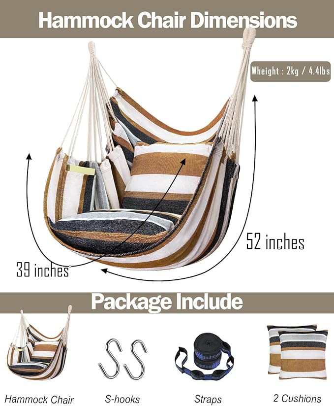 Halalona Hammock Chair Hanging Hammock Chair Rope Swing 2 Cushions Included-Sturdy & Durable Soft Cotton Hand Woven Hammock Swing for Bedroom, Porch, Patio-Indoor/Outdoor Halalona