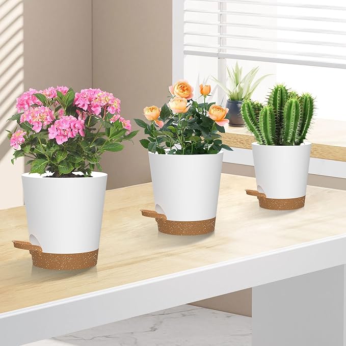 Self Watering Pots, 7/6.5/6/5.5/5/4 inch Flower Pots with Multi Mesh Drainage Holes, Small Platic Planters for Indoor Outdoor Garden Plants and Flowers (Whtie with Brown Tray, 7"+6.5"+6"+5.5"+5"+4") Rootora